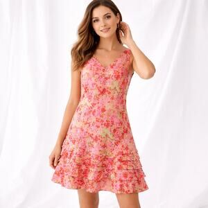 Ann Taylor VTG SZ 6 100% Silk Fully Lined Floral Dress Ruffle Bottom Y2K 90s